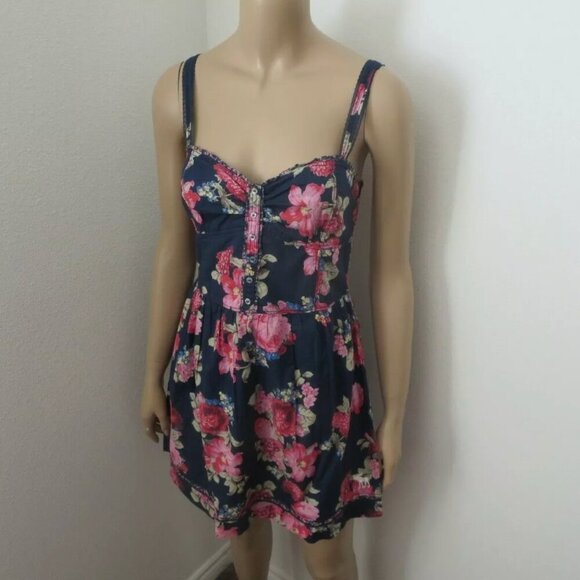 NEW Abercrombie Womens Floral Dress Size Medium Navy Blue Lace Trim - Picture 3 of 9